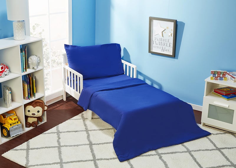 EVERYDAY KIDS 4 Piece Toddler Bedding Set - Includes Comforter, Flat Sheet, Fitted Sheet and Reversible Pillowcase - Solid Navy - Image 1
